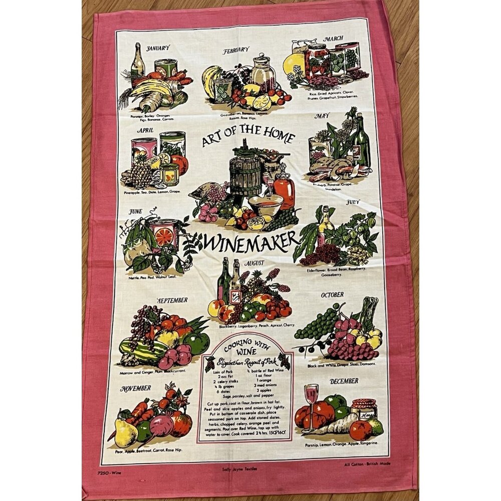 Vintage The Art of the Home Winemaker Tea Towel Cotton Britain Sally Jayne